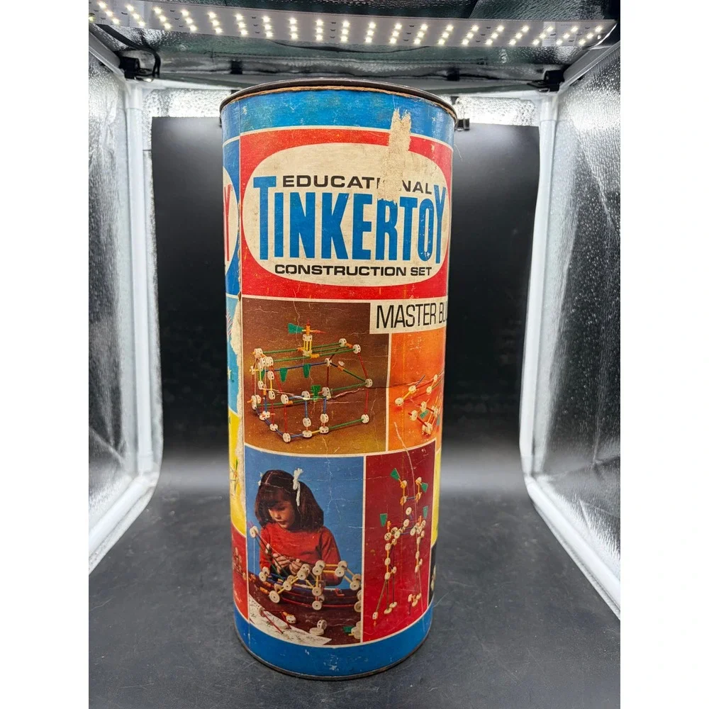 Vintage Tinkertoy Master Builder No 150 Construction Set Canister Questor 1970s